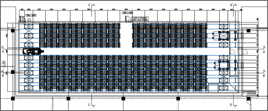 Vista in pianta del Magazzino Autoportante Verticale trattato con approccio Fire Safety Engineering (FSE) 20260715 safetyfire corpo1